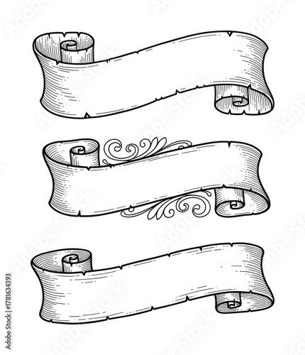 Set of three antique paper scrolls with intricate detail and decorative embellishments