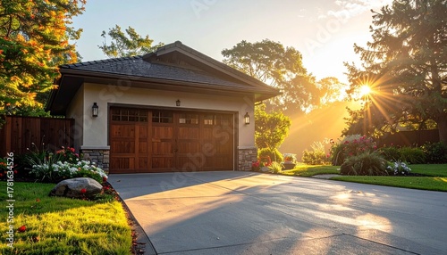 Suburban Home with Garage at Sunset.