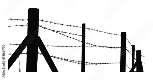 Silhouette of barbed wire fence with wooden posts isolated on a white background creating a stark and graphic image