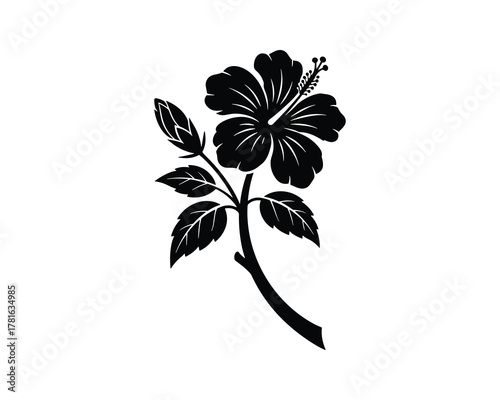 Single black hibiscus flower with leaves and stem a simple elegant botanical illustration
