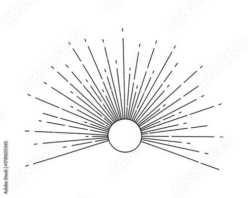 Sunburst outline drawing with radiating rays and blank circle at center, a minimalist graphic design element