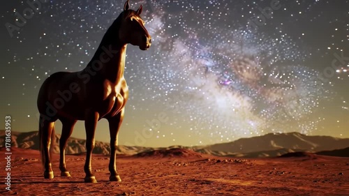 A brown horse stands in a desert against a backdrop of a brightly lit, starry night sky with light orange horizon
