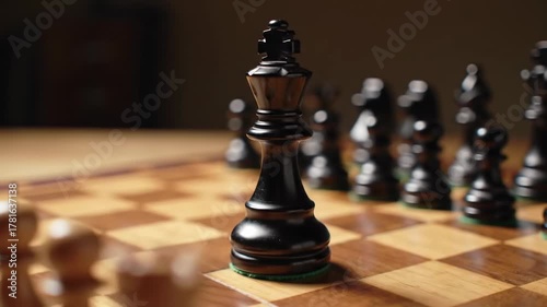 A chessboard setup with black pieces in focus and white pieces slightly out of focus, wooden board