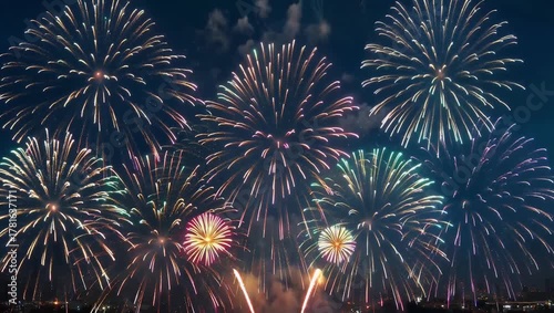 Stunning 4K fireworks display fills sky vibrant colors radiant bursts beautifully celebrating grand arrival year 2026 joyful cinematic energetic New Year’s Eve atmosphere