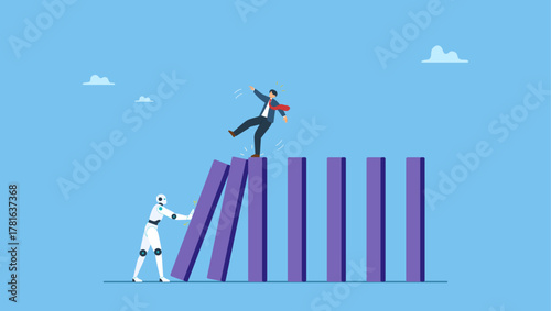 AI robot push to collapse domino, businessman falling down. AI to disrupt human work, Artificial intelligence impact or challenge, job uncertainty future, innovation effect, AI change.