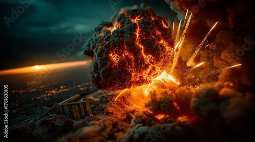Massive fiery explosion and destruction over a dark cityscape disaster.