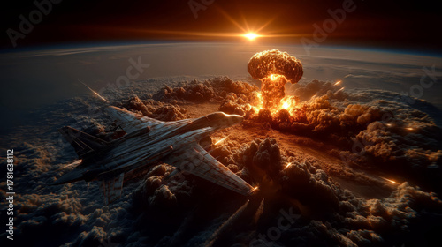 Nuclear mushroom cloud explosion on Earth with a fighter jet flying over.