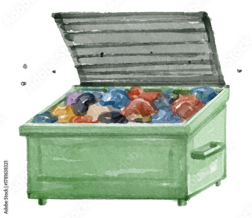 Watercolor green dumpster isolated on white background