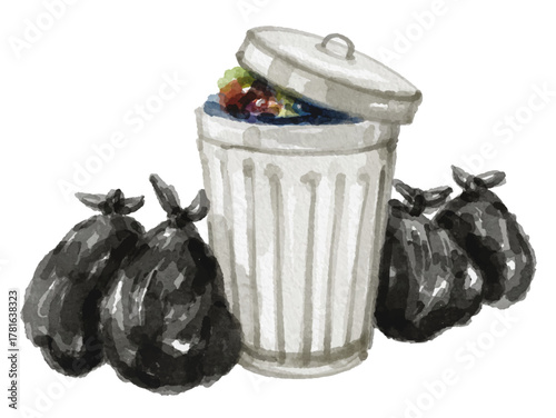 Hand painted watercolor trash bin isolated