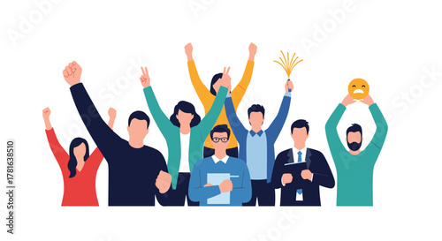 Diverse group of people expressing a range of emotions, from triumph and celebration to disappointment and frustration.