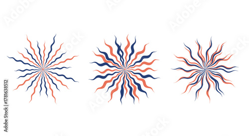 Set of three artistic radial patterns featuring dynamic wavy lines in contrasting blue and terracotta hues, ideal for graphic design projects.