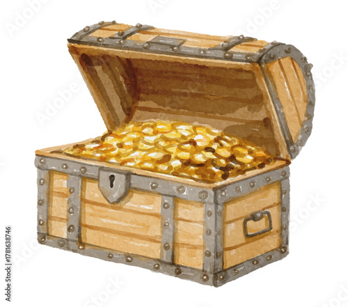 Hand painted watercolor open treasure chest on white background
