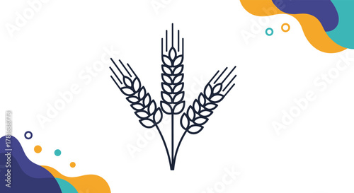 Three stylized wheat stalks in a minimalist line art illustration, set against a clean white background with abstract colorful shapes.