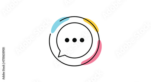 Stylized chat bubble with ellipsis inside a circle, framed by dynamic blue, yellow, and pink arcs, symbolizing digital communication.