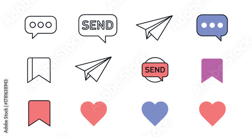 Various social media icons for messaging, sharing, saving, and liking content, presented in both outline and filled styles.