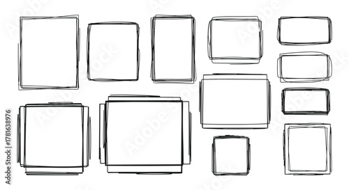 A collection of diverse hand-drawn scribble frames and borders in various rectangular and square shapes, ideal for grunge-style design elements.