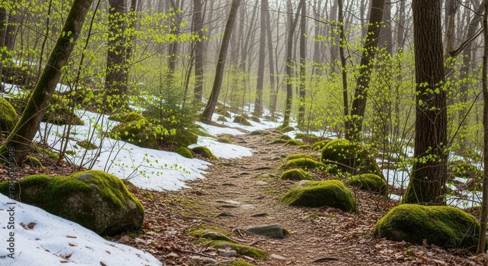 Obraz premium Forest path winding through melting snow and mossy rocks with new green spring leaves