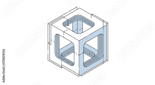 Abstract technical diagram of a cuboid structure featuring layered internal channels visible through rounded square openings, highlighted in blue.