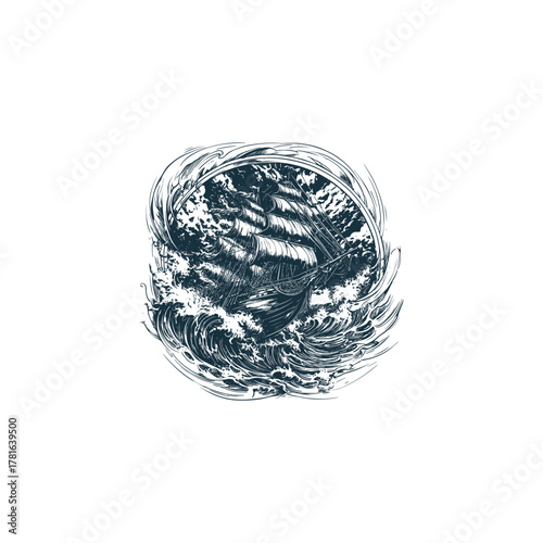 Highly dramatic vintage engraving style vector illustration of a tall ship battling a fierce, swirling storm with massive waves