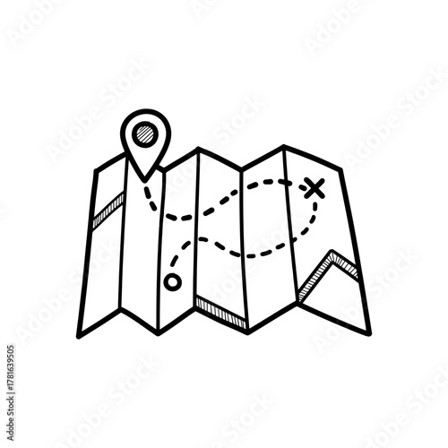 Hand drawn doodle folding map with location pin and dashed route illustration