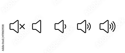 Volume level icon set. Speaker with audio waves symbol. Audio mute, low, medium, and high sound sign