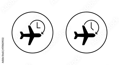 Airplane delay icon in circular outline. Flight with clock and circular arrow symbol for schedule change