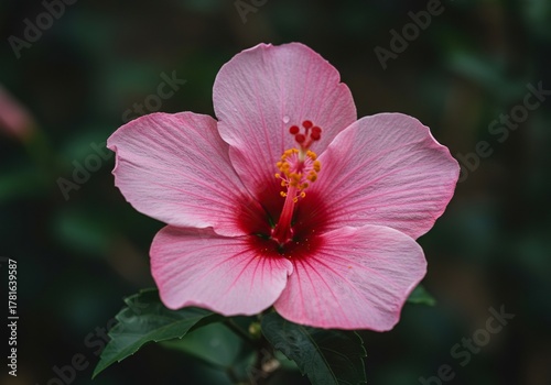 Close-up of a stunning pink hibiscus flower in its natural garden setting, highlighting delicate textures and vibrant hues ,stamen ,daylight ,macro