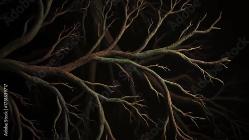 Seamlessly looping abstract organic branching lines reminiscent of growing tree roots in dark earthy colors corporate, art, design