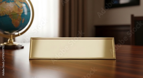 Blank Nameplate on Wooden Desk with Globe and Window.