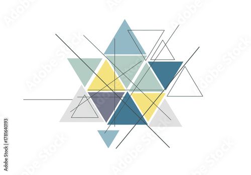 Geometric abstract art with triangles and lines in various colors.