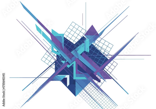 Abstract Geometric Explosion of Blue and Purple Shapes.