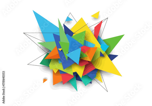 Abstract geometric explosion of colorful triangles on white background.