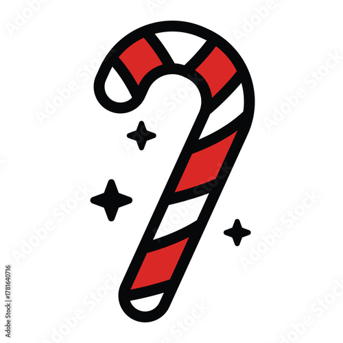 Red and white striped candy cane with stars is perfect for christmas themed designs, holiday greeting cards, and festive decorations.