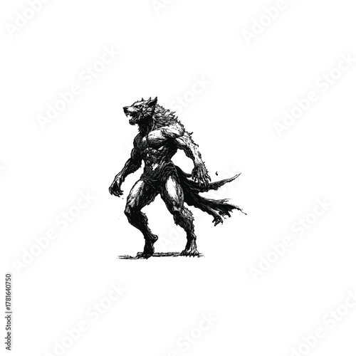 Detailed vintage engraving style vector illustration of a powerful and menacing werewolf in a dynamic, aggressive pose