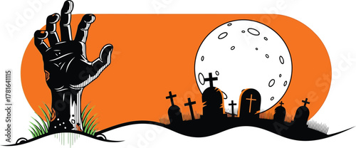 Zombie hand rising from grave isolated on white background at halloween