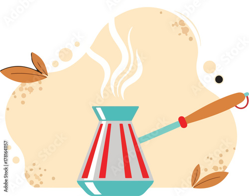 Traditional turkish coffee pot with steam isolated on white background