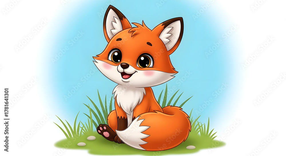 Fototapeta premium Cute Cartoon Fox Sitting on Grass | Adorable Animal Illustration for Kids