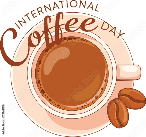 International coffee day illustration with cup and beans isolated on white background