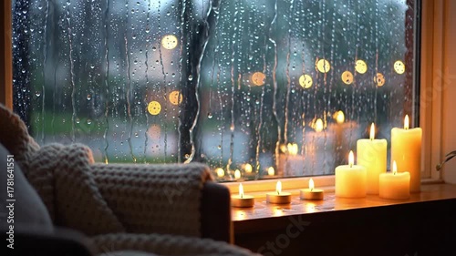 Cozy Rainy Evening Ambiance with Flickering Candles Creating a Warm, Tranquil Glow on a Window.