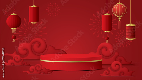 Blank 3D rounded podium for placed product presentation with clouds, paper lanterns and fireworks Chinese style on red background.