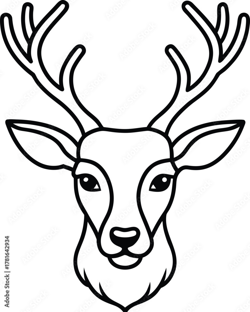 Fototapeta premium Black line art reindeer head with antlers on background 2
