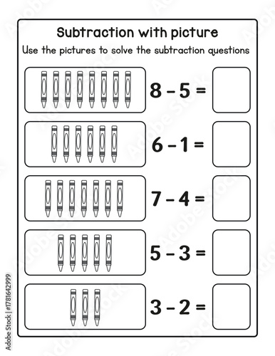 Subtraction with Pictures Worksheet | Pencil Math Activity for Preschool and Kindergarten