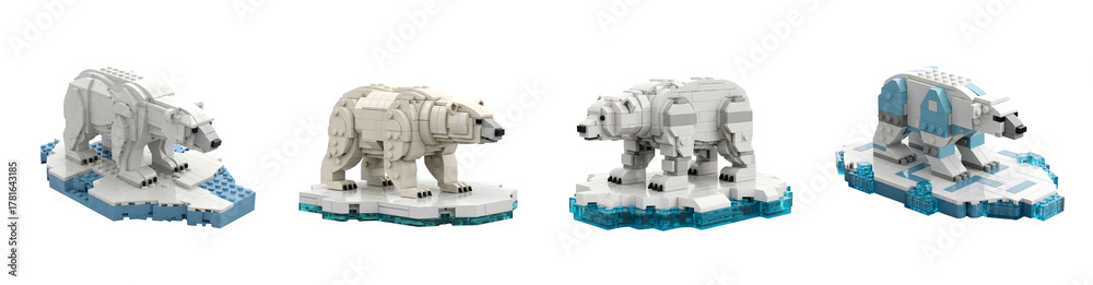 Naklejka premium Four stylized polar bear models constructed from building blocks standing on ice floes isolate