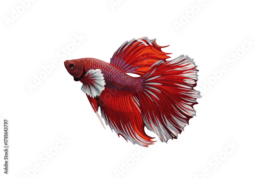 Vibrant Red Betta Fish with Flowing Fins Isolated on White.