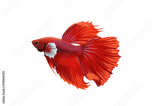 Vibrant Red Betta Fish with Flowing Fins on White Background.