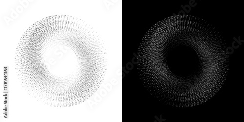 Dynamic abstract spiral sound wave rhythm lines. Circular spiral sound wave rhythm of lines. Circular futuristic abstract lines, black and white background.	