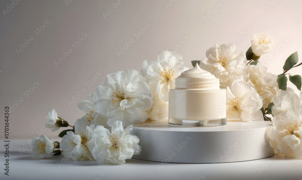 Obraz premium Luxurious cream jar on white podium surrounded by white gardenia flowers evoking soft elegance and calming skincare routine