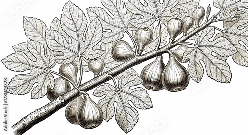 Fig tree branch with ripe figs and leaves, botanical illustration isolated on white background