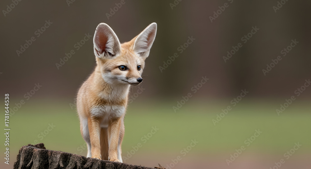 Obraz premium Adorable Fennec Fox Standing on Tree Stump | Cute Desert Animal Photography