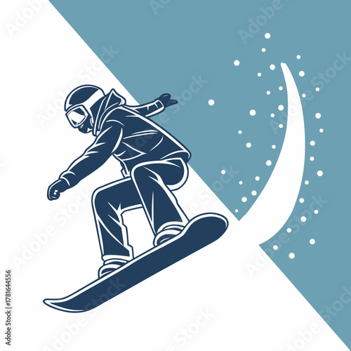 Dynamic illustration of an active snowboarder mid-air, performing an impressive jump against a winter background, capturing the excitement of extreme sports and mountain adventures